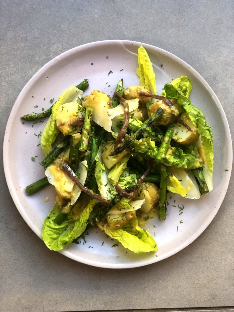 Jersey Royals and Grilled Asparagus with Caesar Dressing, Anchovies & Parmesan by Thomasina Miers - 