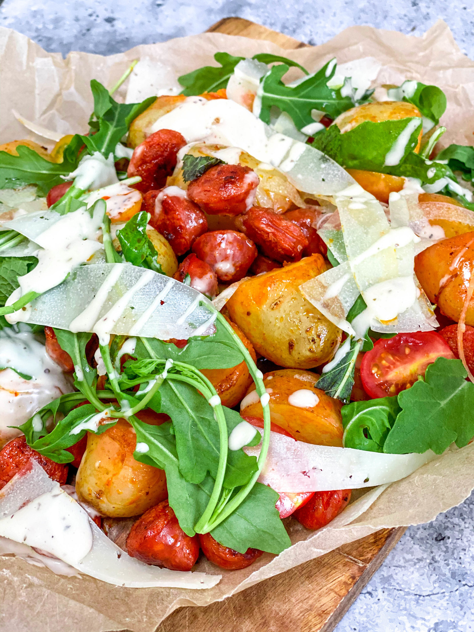 Jersey Royals with Crispy Chorizo and Manchego Cheese by Matt Healy