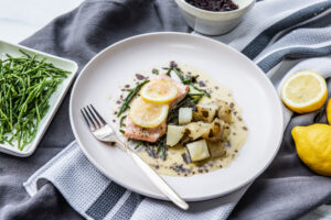 Michel Roux’s Salmon with seaweed buttered Jersey Royals