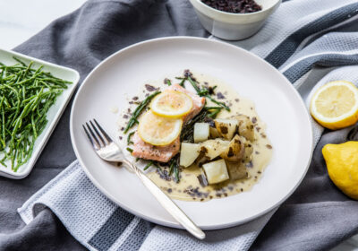 Michel Roux’s Salmon with seaweed buttered Jersey Royals