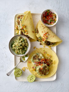 Jersey Royal New Potato tacos with Lincolnshire Poacher crumbs and green salsa v1