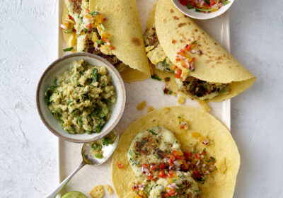 Jersey Royal New Potato tacos with Lincolnshire Poacher crumbs and green salsa v1