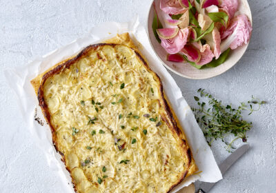 Jersey Royal New Potato, thyme and cheese puff tart v1