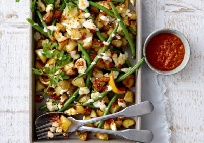 Roast Jersey Royal New Potatoes with feta, harissa yogurt and toasted almonds v1